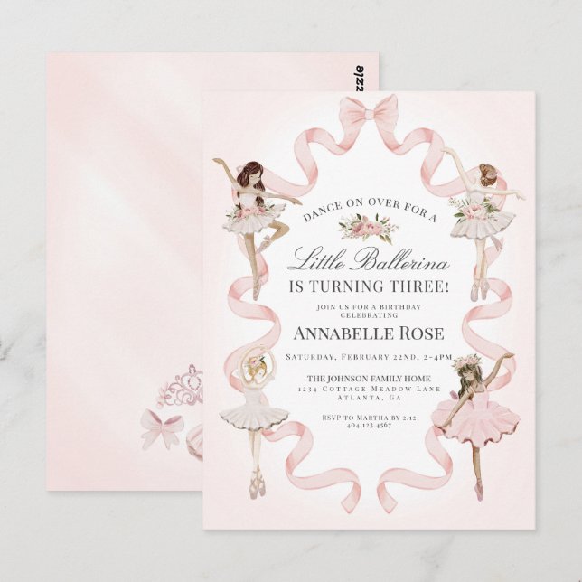 Carte Postale Little Ballerina Girl Ballet Anniversaire Invitati (Devant / Derrière)