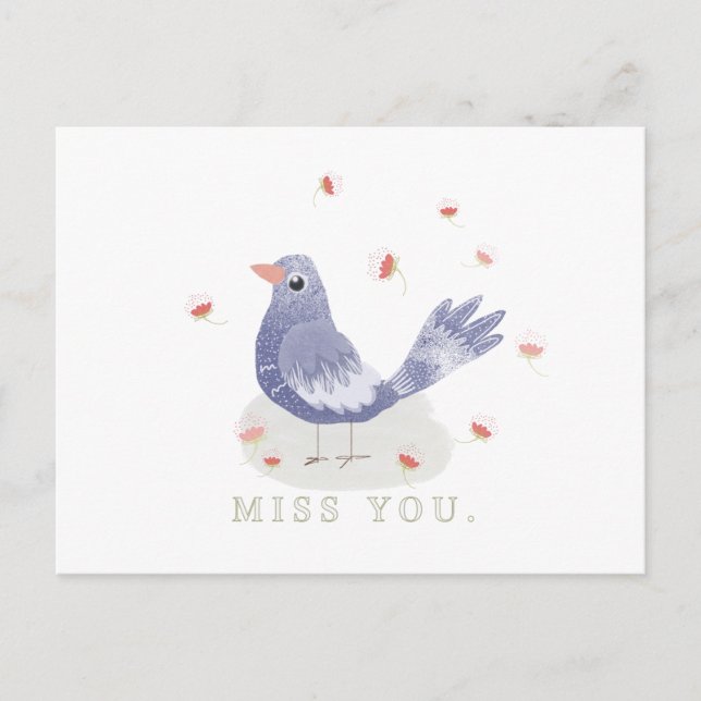 Carte Postale Little Blue Bird and Flowers Miss You (Devant)