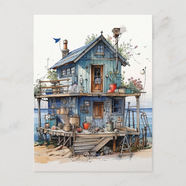 Carte Postale Little Blue Seaside Shopping Art (Devant)