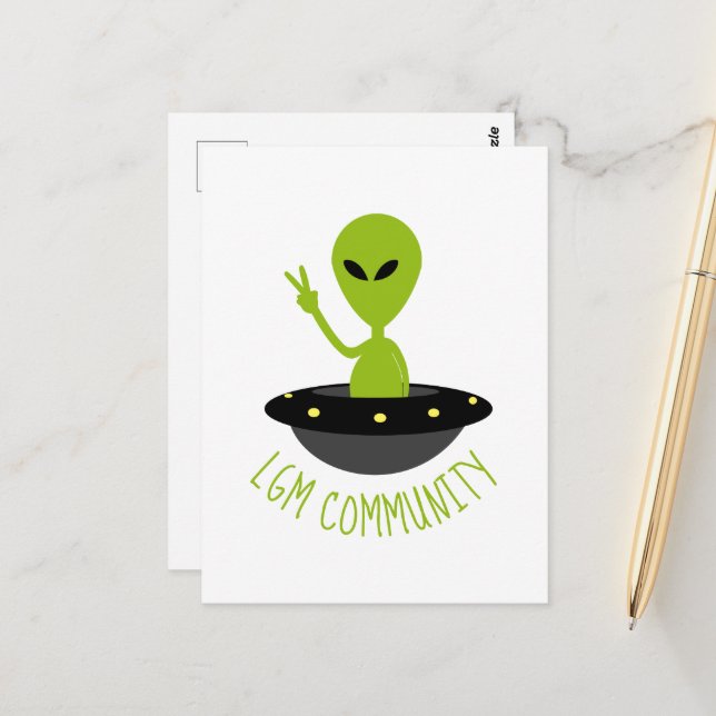 Carte Postale Little Green Men, LGM Community Extraterrestrial (Devant/Arrière en situation)