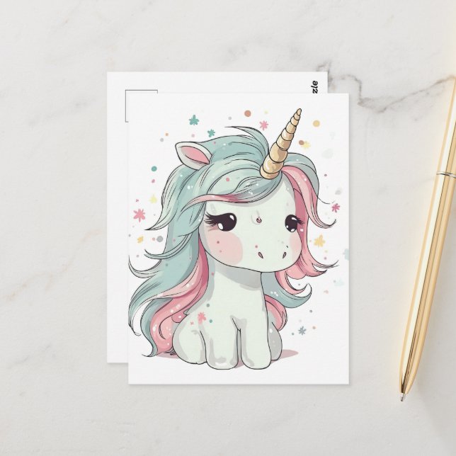 Carte Postale Little Kawaii Unicorn (Devant/Arrière en situation)