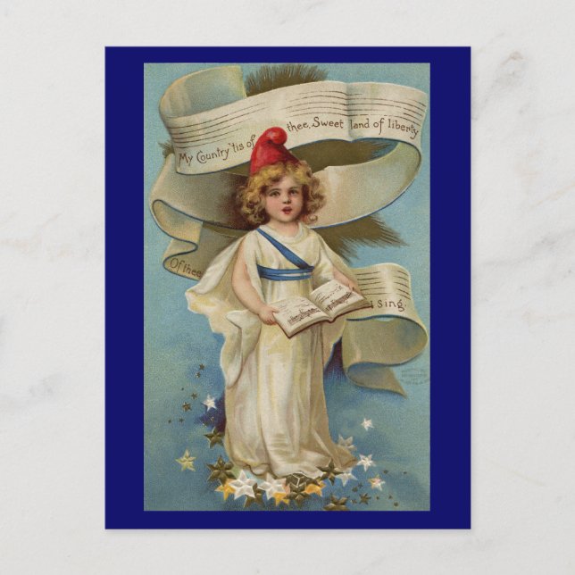 Carte Postale Little Liberty Girl chante My Country 'Tis of The (Devant)