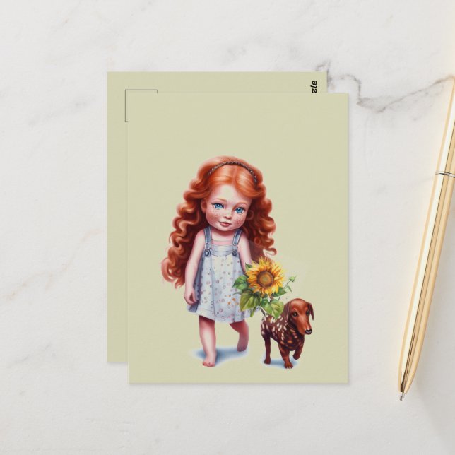 Carte postale Little Red Head Girl Walking Dachshu (Devant/Arrière en situation)