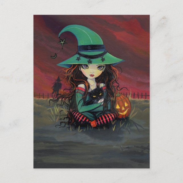 Carte postale Little Witch et Black Cat Halloween (Devant)