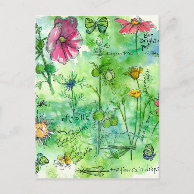 Carte Postale Livre de croquis botanique Papillon Aquarelle Fleu (Devant)