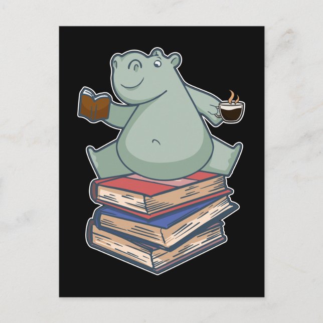 Carte Postale Livre Lecture Thé Café Kawaii Bookworm Hippo (Devant)