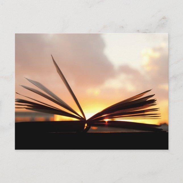 Carte Postale Livre ouvert et photo coucher de soleil (Devant)