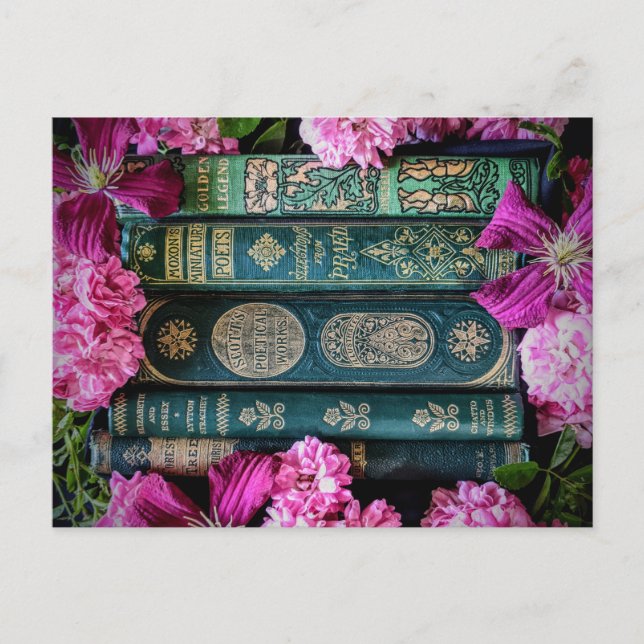 Carte Postale Livres anciens et roses roses roses (Devant)