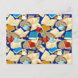 Carte Postale Livres et chats en bleu