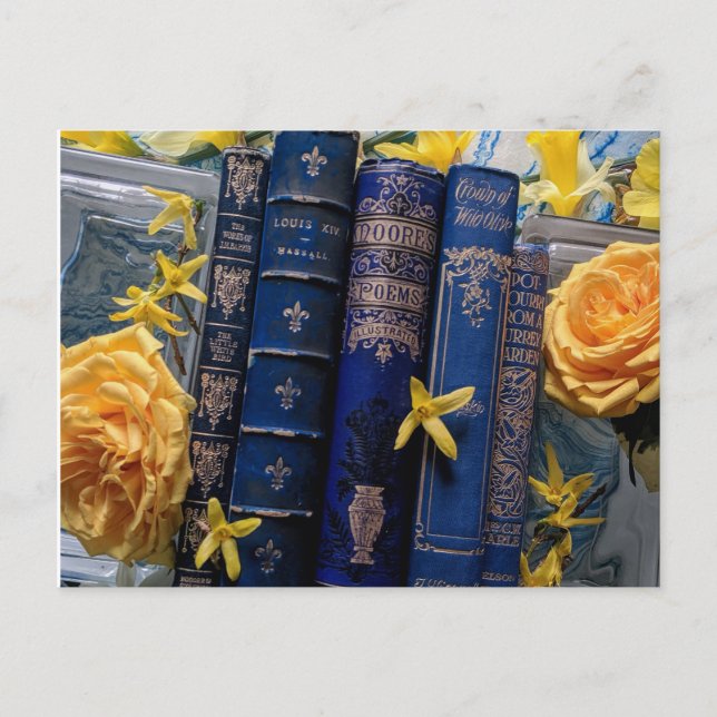 Carte Postale Livres et fleurs (bleu et jaune) (Devant)