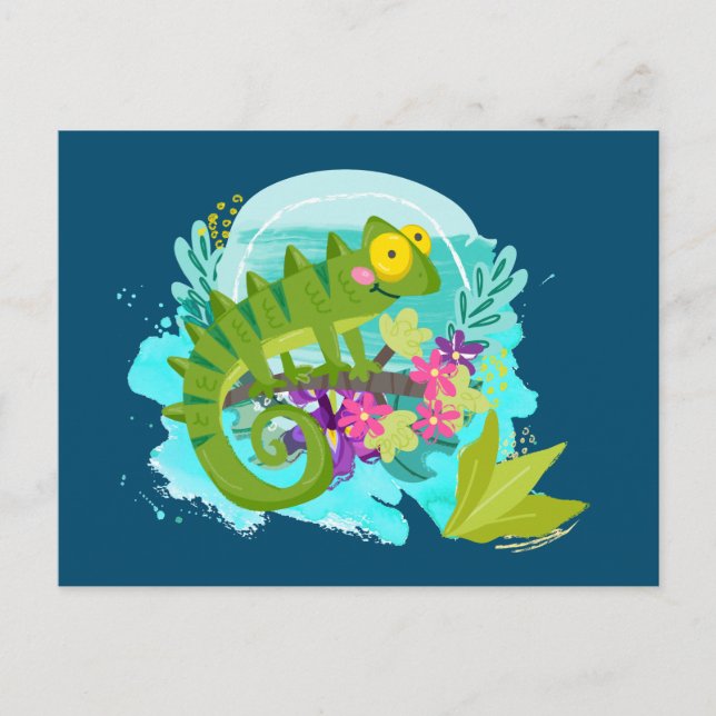 Carte Postale Lizard vert tropical aux fleurs (Devant)