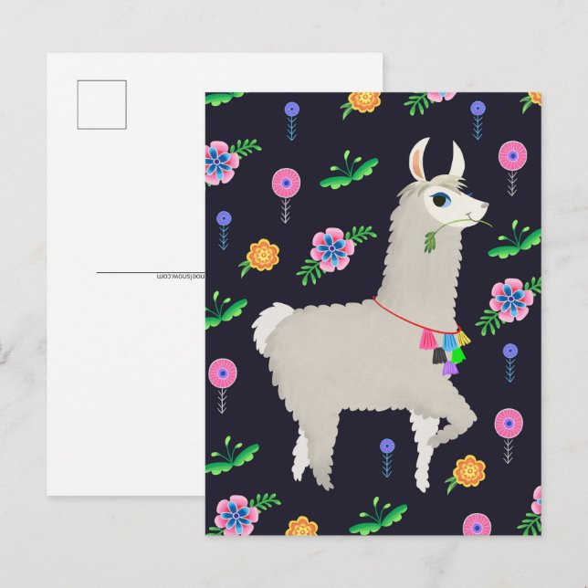 Carte Postale Llama aux fleurs (Devant / Derrière)