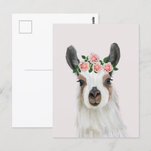 Carte Postale Llama Fluffée Cute Avec Couronne Fleur Rose Rose