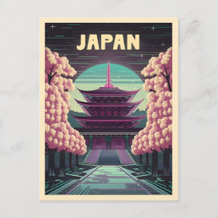 Carte Postale LoFi Vaporwave Rétro Temple Japonais Sakura 80s