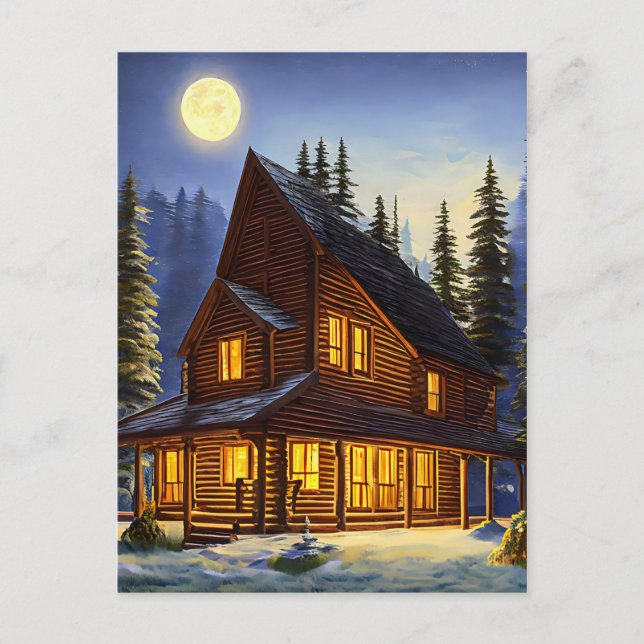 Carte Postale Log Cabine Dans Les Bois Paysage Neige Art (Devant)