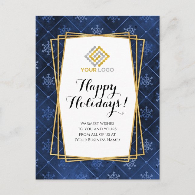 Carte Postale Logo de Noël Bleu Or Flocons de Neige Entreprise (Devant)