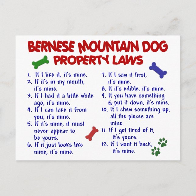 Carte Postale Lois sur la propriété du CHIEN DE MONTAGNE BERNOIS (Devant)