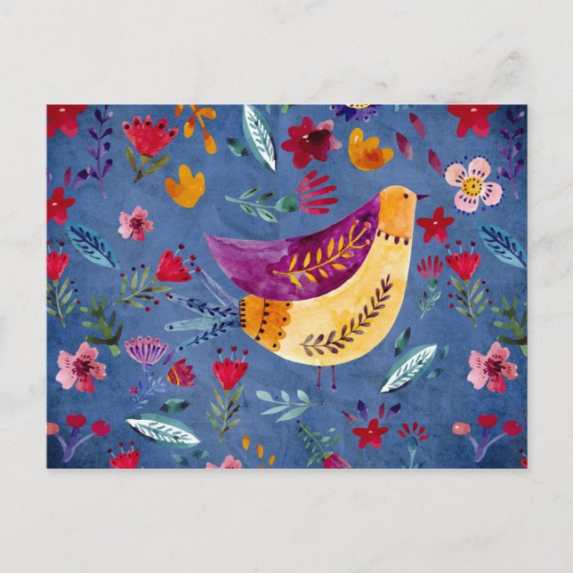 Carte Postale L'Oiseau précoce dans le jardin fleuri (Devant)