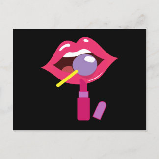 Carte Postale Lollipop rouge lèvres. Bonbon de maquillage rouge 