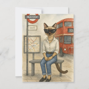 Carte Postale London Cat attend le Double Decker Bus à Londres