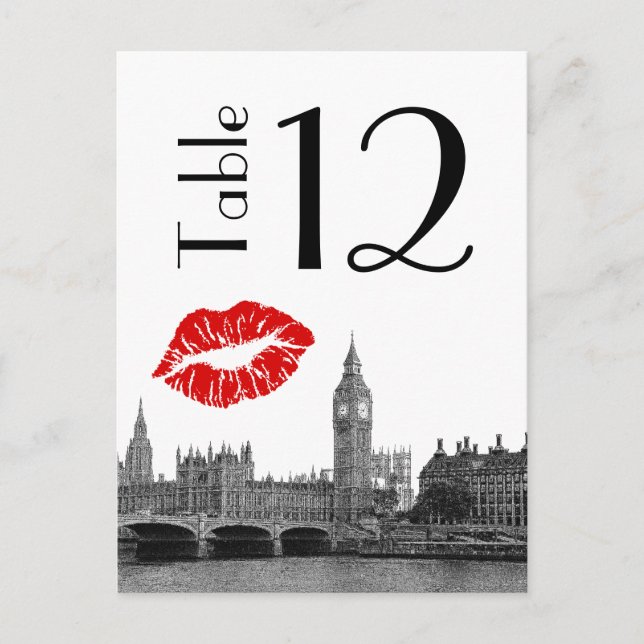 Carte Postale Londres Angleterre Skyline Kiss BW Table Numéro de (Devant)