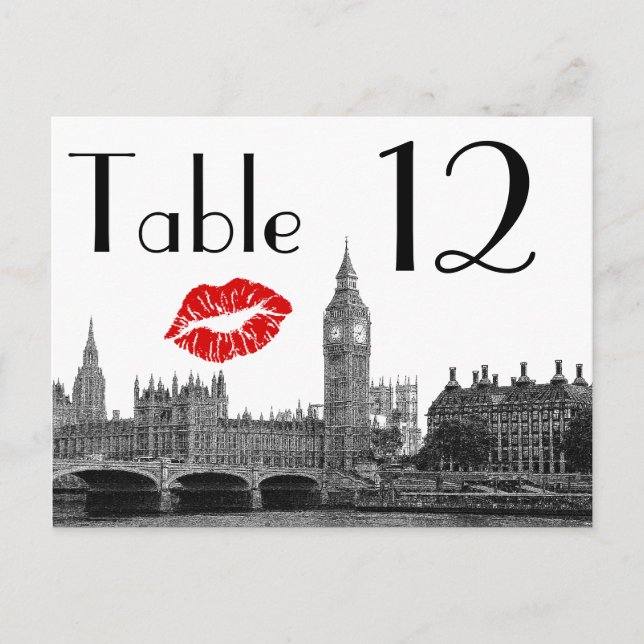Carte Postale Londres Angleterre Skyline Kiss BW Table Numéro de (Devant)