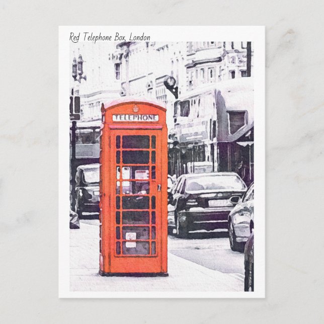 Carte Postale Londres, Red Telephone Box Watercolor (Devant)