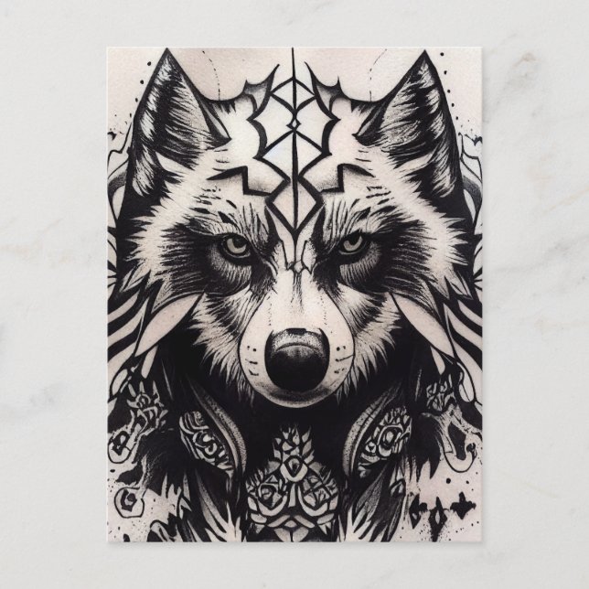 Carte Postale Lone Wolf Tribal Tattoo Wolfs Powerwolf Pack (Devant)