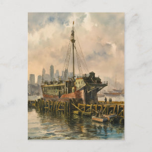 Carte Postale Long Wharf Boston Ship Vintage Aquarelle Peinture