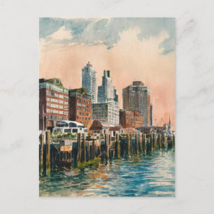 Carte Postale Long Wharf Boston Vintage aquarelle peinture
