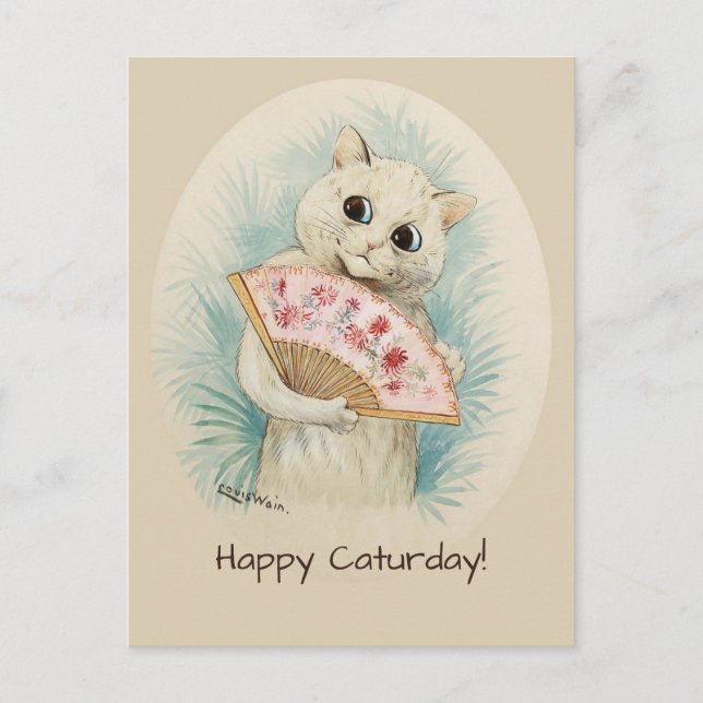 Carte Postale Louis Wain Chat blanc avec ventilateur Happy Catur (Devant)