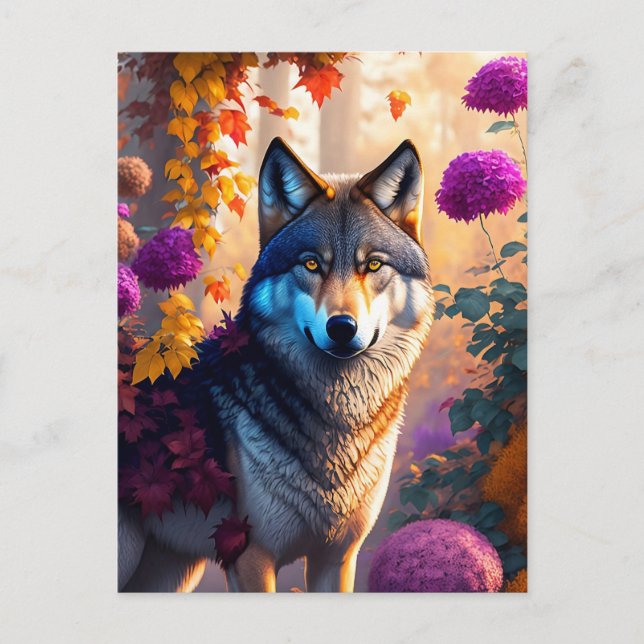 Carte Postale loup aime les fleurs (Devant)