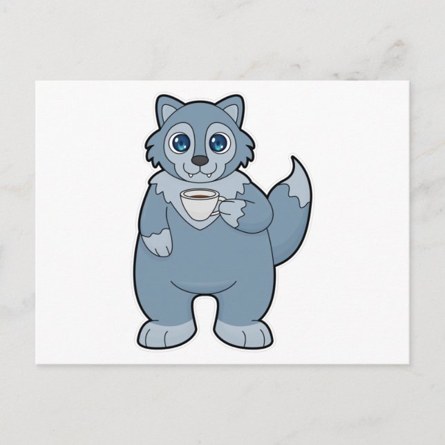 Carte Postale Loup avec tasse de café (Devant)