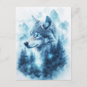 Carte Postale Loup Bleu Majestueux et Montagne d'Hiver