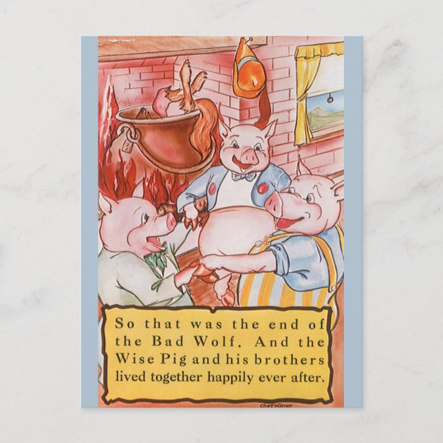 Carte Postale Loup de Cuisine de trois petits cochons, conte Vin (Devant)