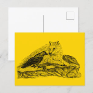 Carte Postale Loup et corbeau - Design noir et jaune