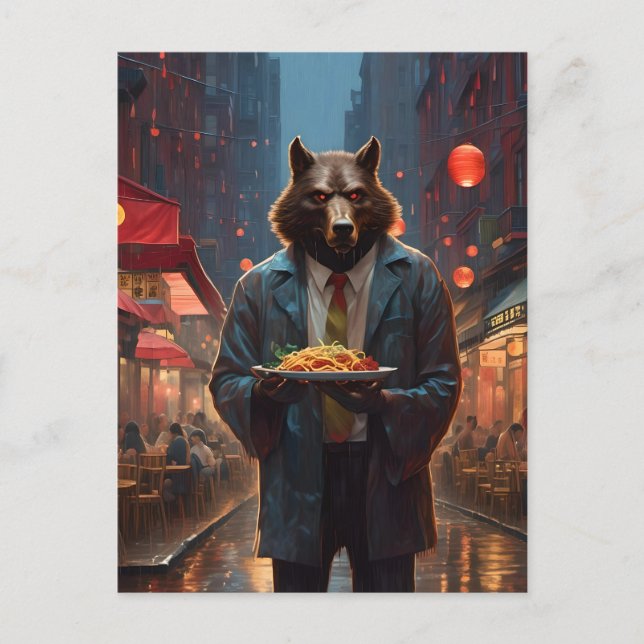 Carte Postale loup-garou avec un grand plat de viande de boeuf (Devant)