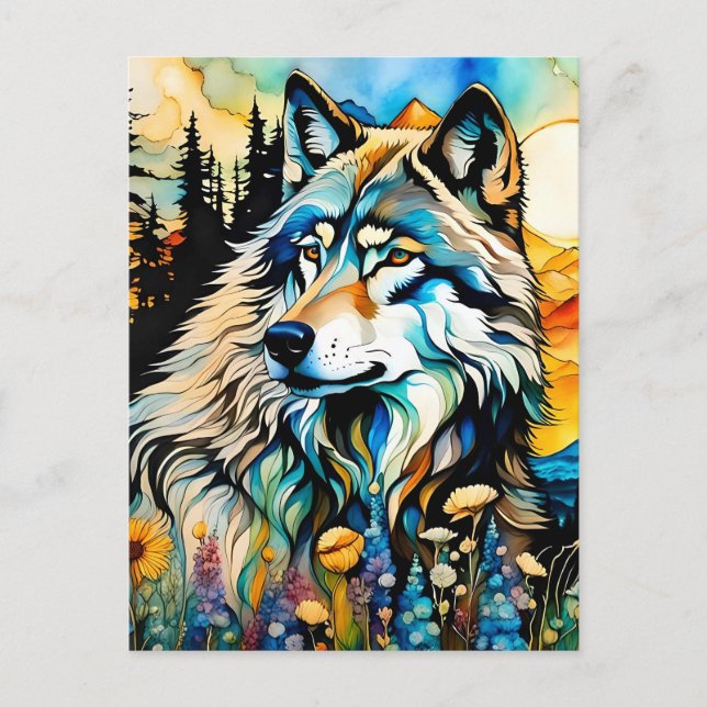 Carte Postale Loup gris et Fleurs sauvages (Devant)
