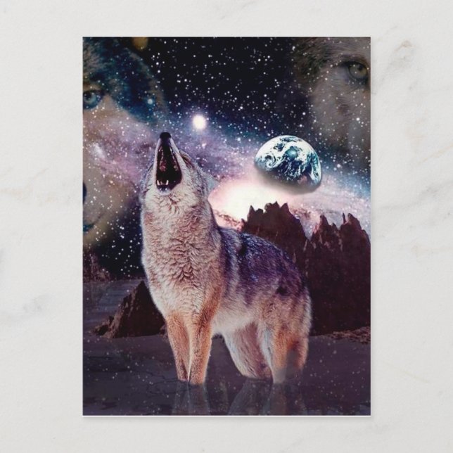 Carte Postale Loup hurlant à travers l'univers (Devant)