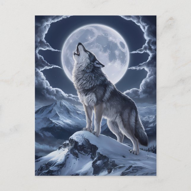Carte Postale Loup majestueux au-dessus du pic neigeux (Devant)
