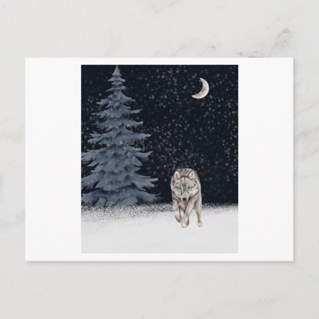 Carte Postale Loup sauvage peint d'aquarelles en hiver (Devant)