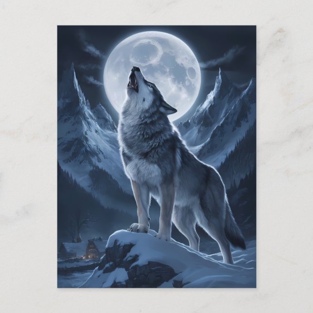 Carte Postale Loup solitaire domine le sommet enneigé (Devant)