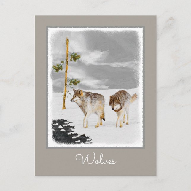 Carte Postale Loups en peinture sur neige - Art original de la f (Devant)