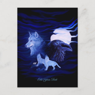 Carte Postale Loups et corbeau avec pleine lune