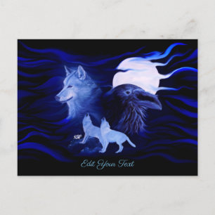 Carte Postale Loups et corbeau avec pleine lune