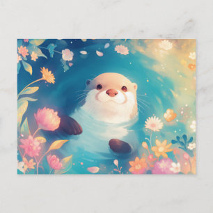 Carte Postale Loutre à l'aquarelle douce florale de l'étang