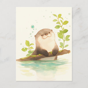 Carte Postale Loutre à l'aquarelle douce sur branche moussue