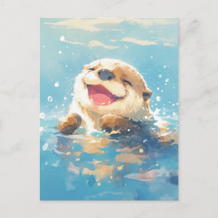 Carte Postale Loutre à l'aquarelle riante dans la mer bleue