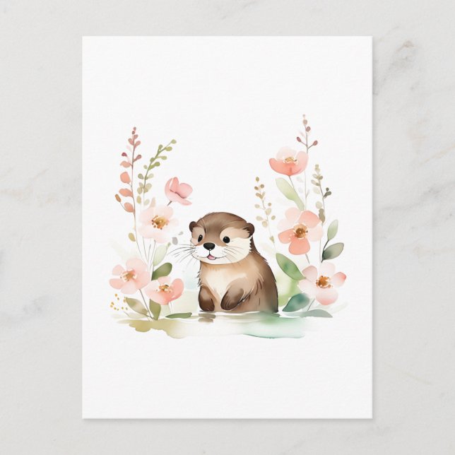 Carte Postale Loutre adorable avec des fleurs (Devant)