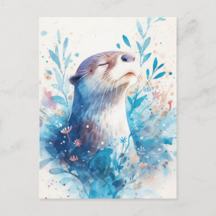 Carte Postale Loutre aquarelle bleue sereine dans le jardin